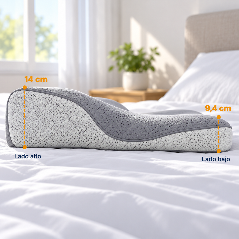 Medidas de la almohada: lado alto 14 cm, lado bajo 9,4 cm